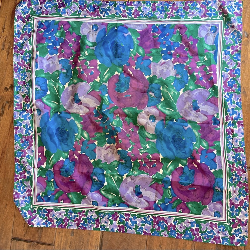 Floral Silk Scarf with Blue and Purple Accents